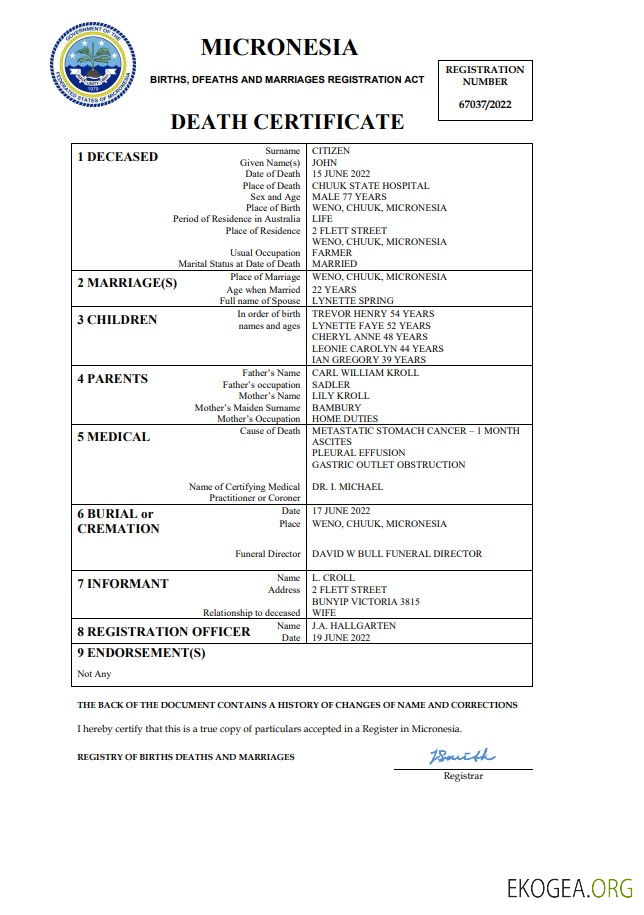 Modèle Word et PDF de certificat de décès de l'état civil de Micronésie